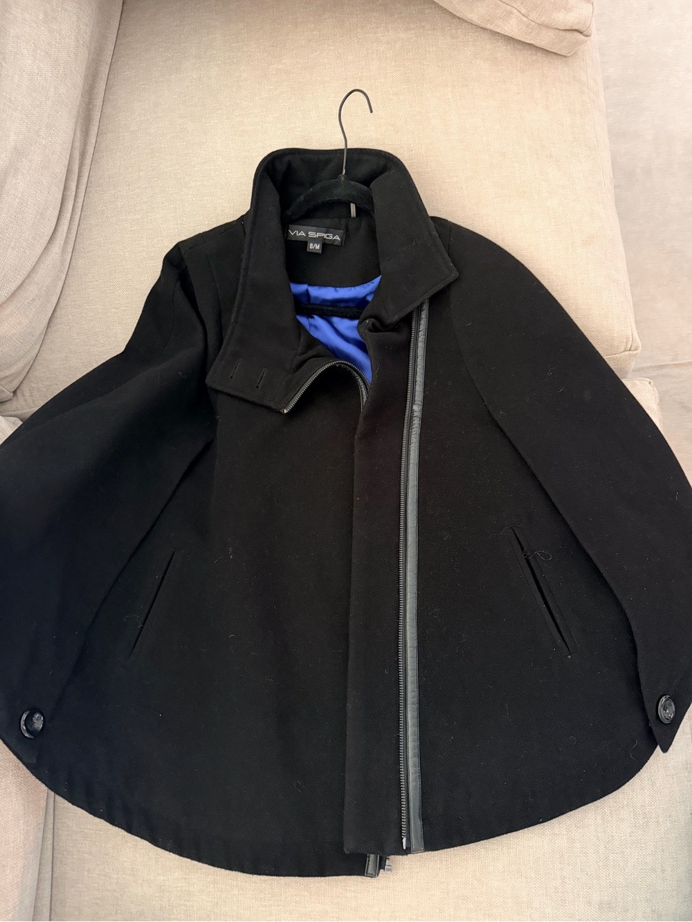 Via Spiga - S/M Black Wool-Blend Asymmetric Zip Cape with Blue Lining